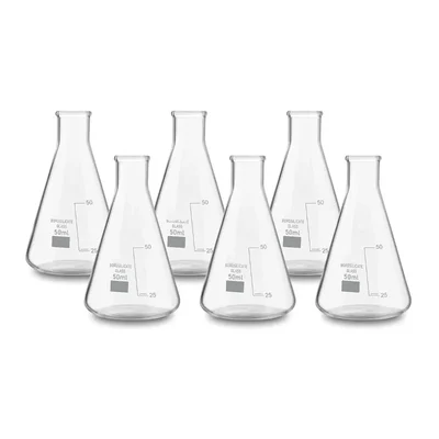 SBT 6 pcs Borosilicate 3.3 Glass 50ml Conical Flask with Graduation Marks for School, Collage, Laboratory