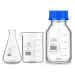 SBT Instruments Borosilicate Glass Measuring Conical Flask 25ml, Beaker 50ml & 100ml Reagent Bottle with Blue Screw Cap
