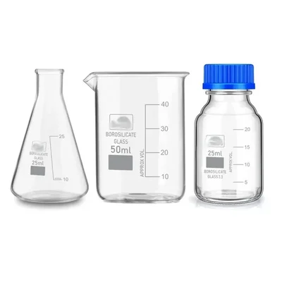 SBT Instruments Borosilicate Glass Measuring Conical Flask 25ml, Beaker 50ml & 25ml Reagent Bottle with Blue Screw Cap