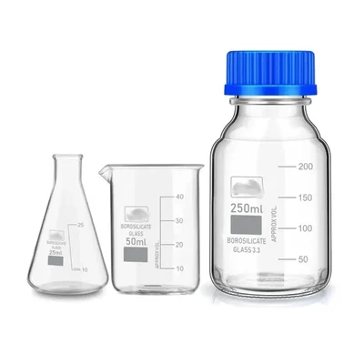 SBT Instruments Borosilicate Glass Measuring Conical Flask 25ml, Beaker 50ml & 250ml Reagent Bottle with Blue Screw Cap