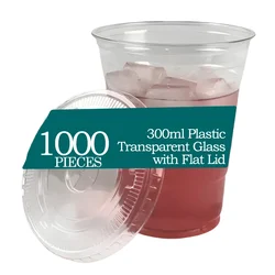 1000pcs,  300ml Clear Plastic Glass with Flat Lids for Iced Coffee, Soda, Smoothies and Shakes