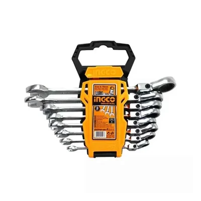 Ingco 8 Piece Flexible Ratchet Spanner Set 8mm to 19mm CRV Steel Fine Polished with Plastic Hanger (HKSPAR1083)