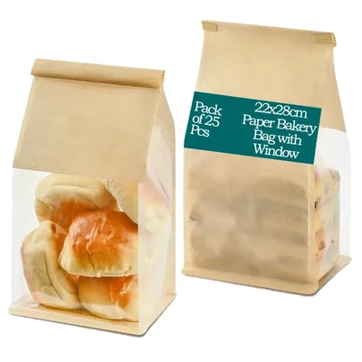 22x28cm Paper Bakery Bag with Window for Baked Food Packaging(Pack-25 pcs)