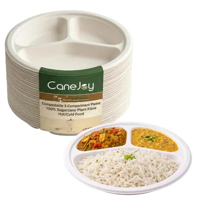 CANEJOY Sugarcane Bagasse 3 Compartment Plates 9 inch Dia., Round White Eco-Friendly Plates for Parties & Catering(Pack-50 pcs)