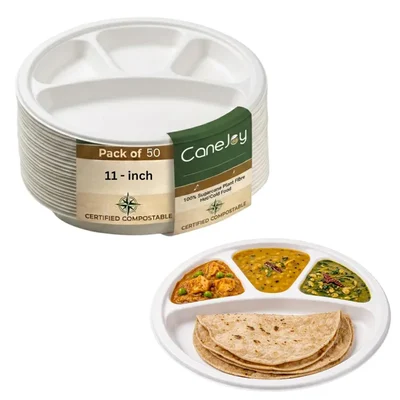 CANEJOY Sugarcane Bagasse 4 Compartment Plates 11 inch Dia., Round White Eco-Friendly Plates for Parties & Catering(Pack-50 pcs)