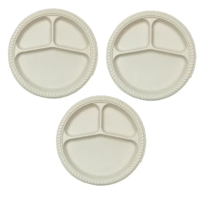 4 Compartment Cornstarch Size No.12 Round Plates, Biodegradable Food Serving Plate for Catering, Restaurant(Pack-50 pcs)