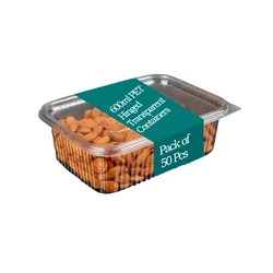 50 Pcs, 600ml  PET Hinged Transparent Containers for Nuts, Snacks, Dry-Fruit Packaging