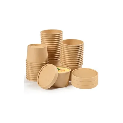 300ml Disposable Kraft Paper Containers with Lid for Picnic, Travel, Food Truck(Pack-500 pcs)