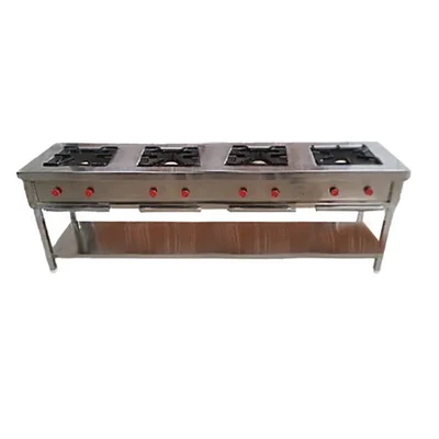 Mira Steel High Capacity Cooking Station 96x24x30 Inches SS Four Burner Range For Large Scale Institutional Kitchens