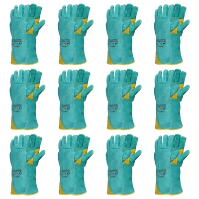 Karam Frontier Pack of 12 Split Leather, 16" Gauntlet Cuff, Heat Resistant, Green & Yellow Safety Gloves