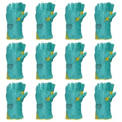 Karam Frontier Pack of 12 Split Leather, 16" Gauntlet Cuff, Heat Resistant, Green & Yellow Safety Gloves