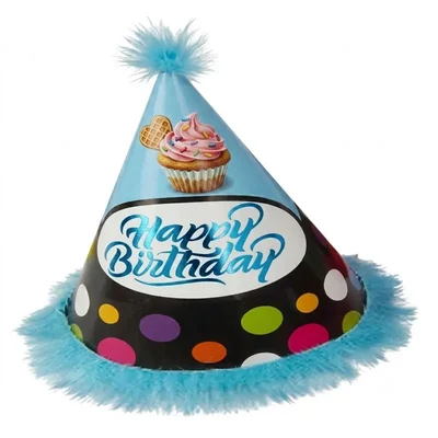 Pack of 1000 Pcs (100 Packs x 10) Colourful Sky Blue & Black Fur Birthday Caps for Party Celebration with Elastic Strap