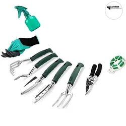 Jaiveer 9 Garden Tools Set - Trowel, Transplanter, Garden Fork, Hand Rake, Weeder, Pruning Shears, Spray Bottle, Plant Tags and Gloves