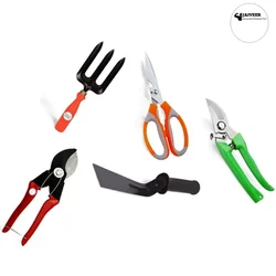 Jaiveer Garden Tools Set of a German Pruner, Double Cut Pruner, Garden Fork, Khurpi and a Scissor | Used for Gardening