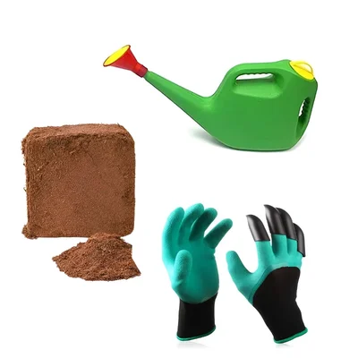 Combo Pack of 5 kg Cocopeat, Plastic Watering Can and Hand Gloves for Gardening Purpose