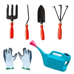 Gardening Tool Set Combo Pack of Garden Fork, Trowel, Hand Weeder, 3 Prong Cultivator, Gloves and Watering Can