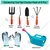 Gardening Tool Set Combo Pack of Garden Fork, Trowel, Hand Weeder, 3 Prong Cultivator, Gloves and Watering Can