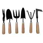 Carbon Steel 6 pcs Hand Tool Set with Wooden Handle - Weeder, Trowel, Fork, Transplanter, Cultivator & Patio Weeder