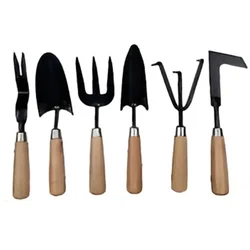 Carbon Steel 6 pcs Hand Tool Set with Wooden Handle - Weeder, Trowel, Fork, Transplanter, Cultivator & Patio Weeder