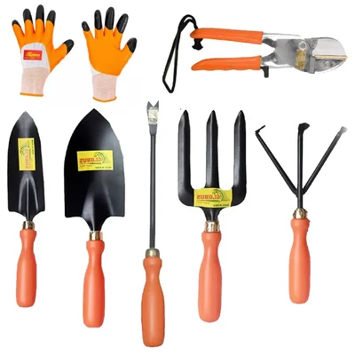 Globus Garden Tool Combo Kit, Fork, Cultivator, Weeder, Garden Pruner, Gloves, Big & Small Trowel (Set Of 7 Pcs)