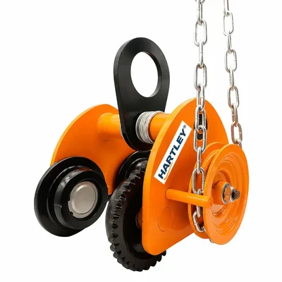 Hartley 10 Ton, Geared Beam Trolley for Hoist Crane with 3m Hand Chain Anti Drop Wheel Guide Powder Coated