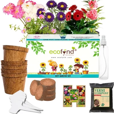 Ecofynd GROWKIT004-105 5-in-1 DIY GrowKit - Zinnia, Balsam, Dahlia, Aster, Portulaca Garden Kit for Home & Garden