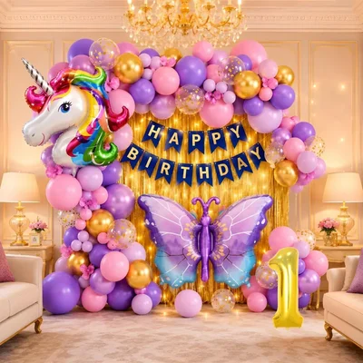 Pack of 3, 44 Pcs 1st Birthday Decoration Kit for Girls | Unicorn Butterfly Theme Set with Number 1 Foil Balloon
