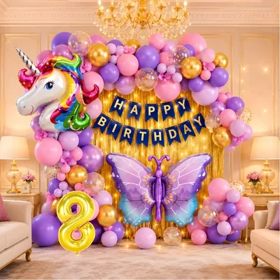 Pack of 3, 44 Pcs 8th Birthday Decoration Kit for Girls | Unicorn Butterfly Theme Set with Number 8 Foil Balloon