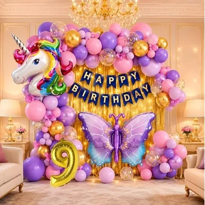 Pack of 3, 44 Pcs 9th Birthday Decoration Kit for Girls | Unicorn Butterfly Theme Set with Number 9 Foil Balloon