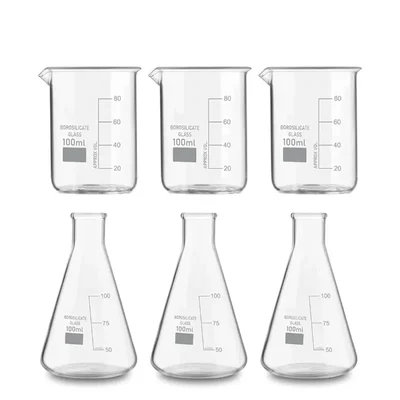 SBT 6pcs 100 ml Borosilicate 3.3 Glass Beaker and Conical Flask with Graduation Marks