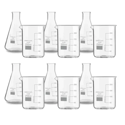 SBT 12pcs 250 ml Borosilicate 3.3 Glass Beaker and Conical Flask with Graduation Marks