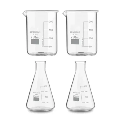 SBT 4pcs 250 ml Borosilicate 3.3 Glass Beaker and Conical Flask with Graduation Marks