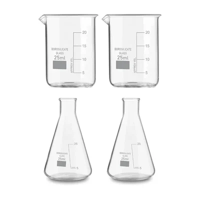 SBT 4 pcs 25 ml Borosilicate 3.3 Glass Beaker and Conical Flask with Graduation Marks