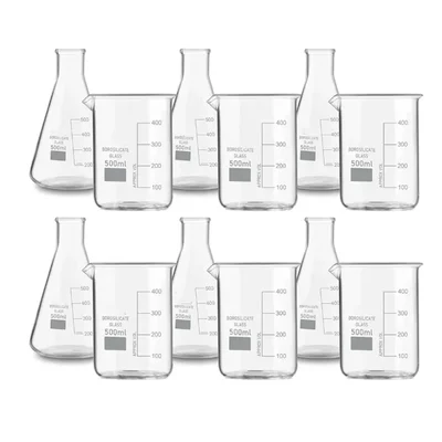 SBT 12pcs 500 ml Borosilicate 3.3 Glass Beaker and Conical Flask with Graduation Marks