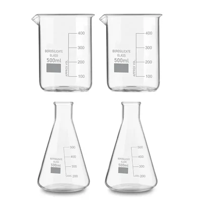 SBT 4pcs 500 ml Borosilicate 3.3 Glass Beaker and Conical Flask with Graduation Marks
