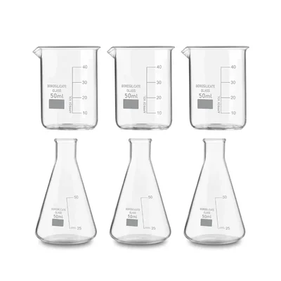 SBT 6 pcs 50 ml Borosilicate 3.3 Glass Beaker and Conical Flask with Graduation Marks