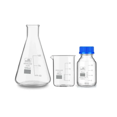 Bello 3pcs Borosilicate Glass Measuring 100ml Conical Flask, 25ml Beaker & 25ml Reagent Bottle with Blue Screw Cap