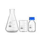 Bello 3pcs Borosilicate Glass Measuring 100ml Conical Flask, 25ml Beaker & 25ml Reagent Bottle with Blue Screw Cap