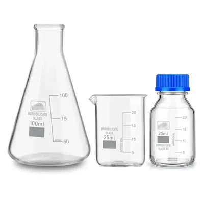 SBT Instruments Borosilicate Glass Measuring Conical Flask 100ml, Beaker 25ml & 25ml Reagent Bottle with Blue Screw Cap