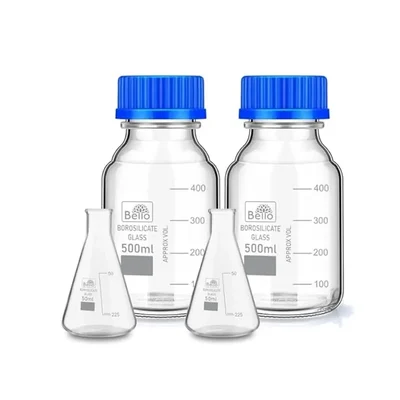 Set of 4 Pcs Bello Borosilicate Glass Measuring Conical & Reagent Bottle With Blue Screw Cap 