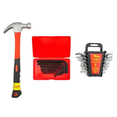 GLOBUS 19-Pc Hand Tool Kit with 0.4kg Fiberglass Claw Hammer, 6Pc Wrench Set & 9Pc Allen Keys GTAZ-BHPVC+DOE6R+AK9