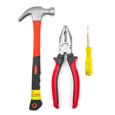 GLOBUS 3-Pc Hand Tool Kit with 0.4kg Fiberglass Claw Hammer, 8" Combo Plier & 5" Electrical Tester GTAZ-BHPVC+CP8+TESTER