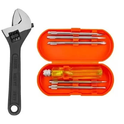 Globus Adjustable Wrench, 6 inch / 15 cm, Black, and Screwdriver Set, 6 Pieces, Hand Tool Kit (1233)