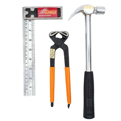 Globus 1 Pc Steel 1/2 LBS Hammer, 8 inch/ 200 mm Cobler Pincer & 8 inch Try Square Hand Tool Set (1133)