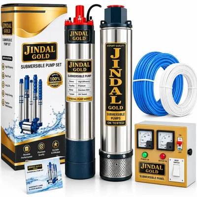 JINDAL GOLD 3Hp 15 Stage(4") V4 1Ph Water Cooled Submersible Pump With CP, 30m Submersible Cable, Safety Wire