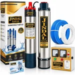 JINDAL GOLD 3Hp 15 Stage(4") V4 1Ph Water Cooled Submersible Pump With CP, 37m Submersible Cable, Safety Wire