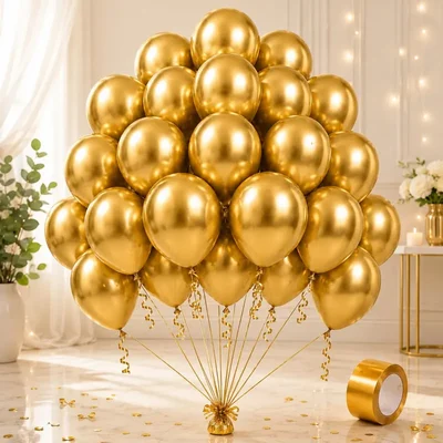 Pack of 4, 30 Pcs Gold Chrome Metallic Balloons with Ribbons for Birthday, Wedding & Graduation Party Decor
