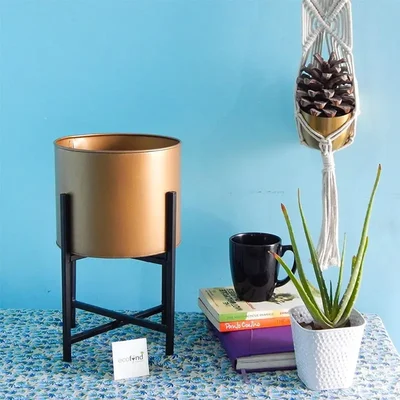 Ecofynd Golden Mid Century Metal Plant Pot With Stand for Interior Decoration