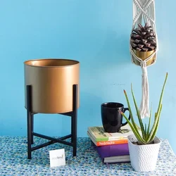 Ecofynd Golden Mid Century Metal Plant Pot With Stand for Interior Decoration