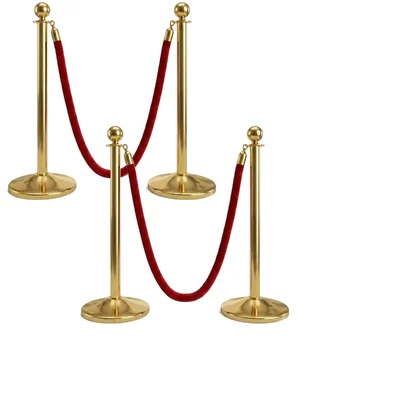 Premium Quality Golden Finish Queue Manager, with 1.5 meter Red Velvet Rope (2 Pillar and 1 Rope) - Pack of 2